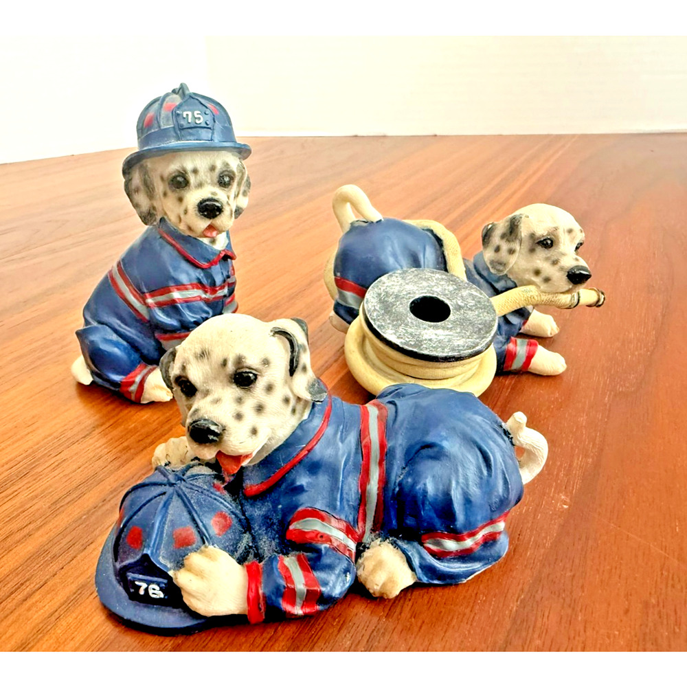 Home Interiors Fireman Fire Hose House Station Dalmation Dog Figurines Set of 3